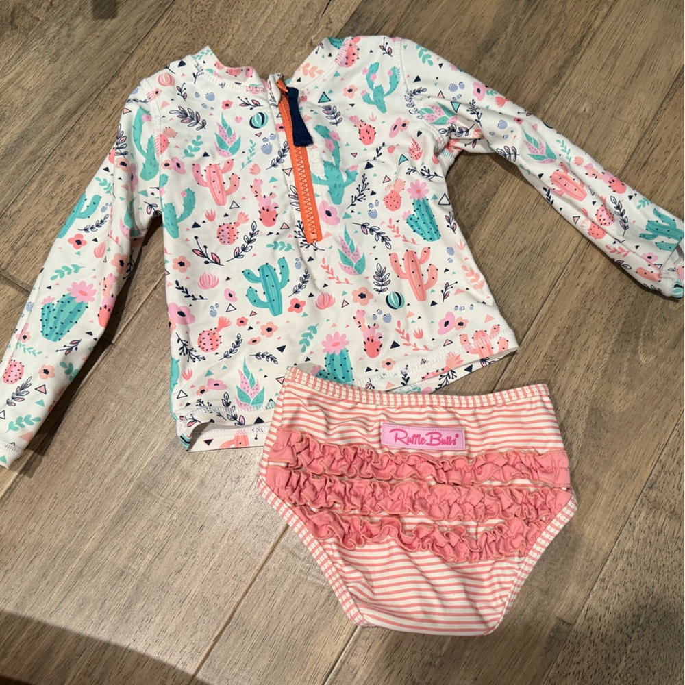 2T RuffleButts Kids Swim Rashguard Set - Pink White with cactus dessert design